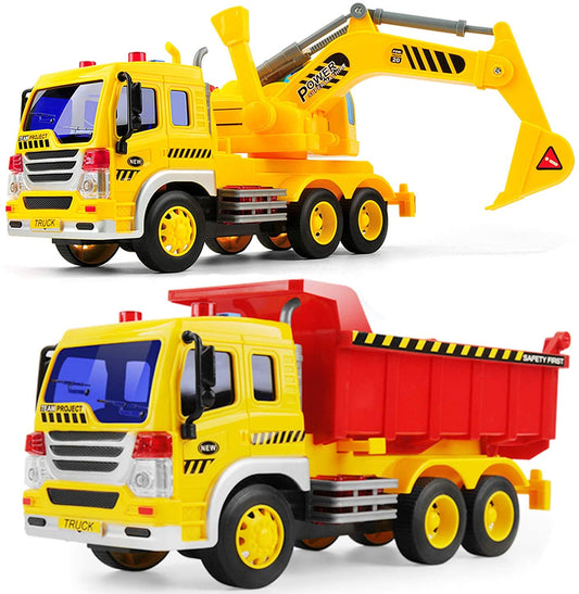 2 Pc Engineering Truck Toy Set, Excavator Toys w/Lights, Sounds & Powered